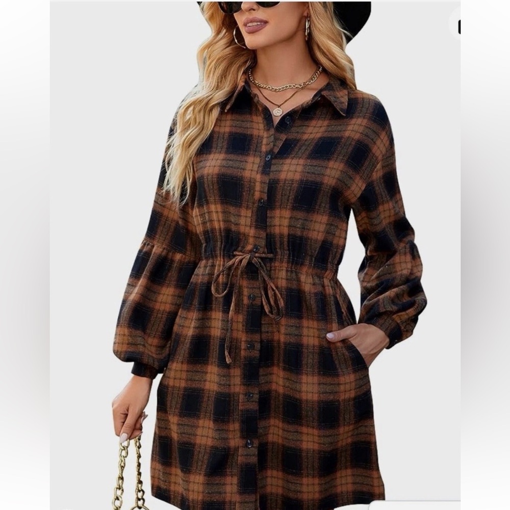Amazon Women's Long Sleeve Plaid Dress - Black and Brown